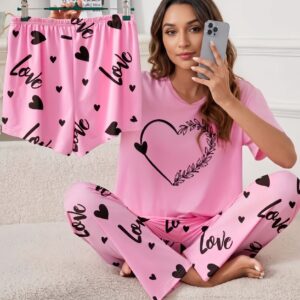 3-Piece Pink Heart Nightwear Set – Soft Cotton Jersey for Women