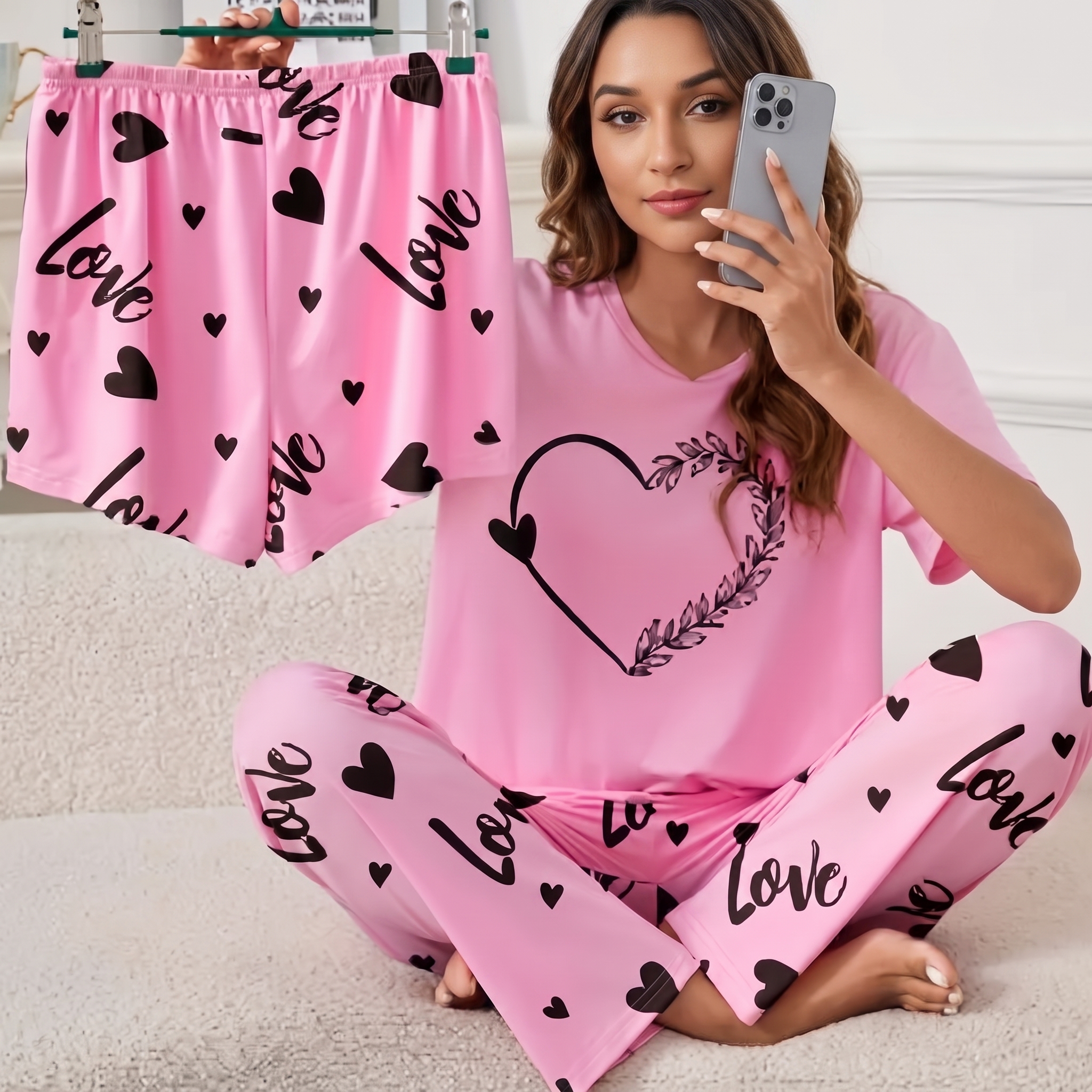 3-Piece Pink Heart Nightwear Set – Soft Cotton Jersey for Women