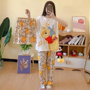 3 Piece Teddy Love Nightwear Set for Women – Soft Cotton Jersey Shirt, Trouser & Shorts Loungewear