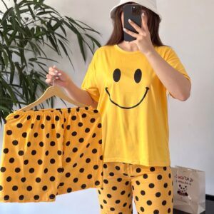 3 Piece Yellow Smiley Cotton Nightwear Set for Women – Soft Stretchy Pajama Lounge Set