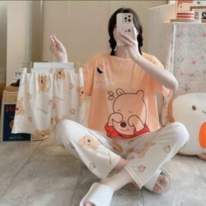 3 piece peach nightwear set cotton jersey shirt trouser shorts