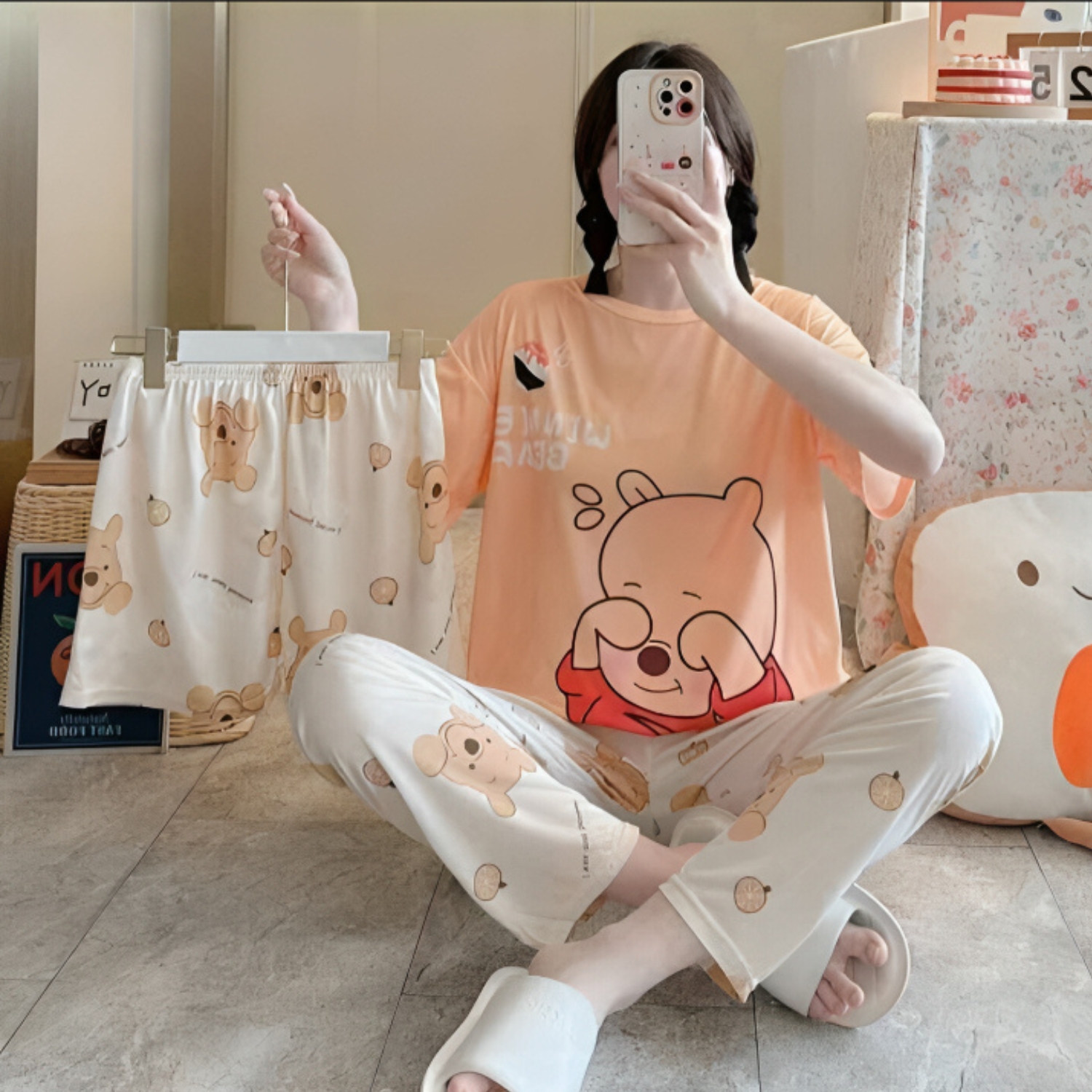 3 piece peach nightwear set cotton jersey shirt trouser shorts