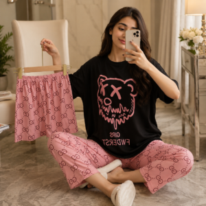 3 Piece Black Teddy Nightwear Set – Soft Cotton Jersey for Lounging & Sleep