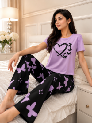 Purple Heart & Butterfly Printed Cotton Night Suit for Women