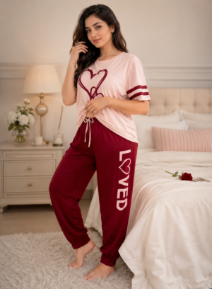 Women’s Two Heart Printed Night Suit – Soft & Comfortable Ladies Sleepwear Set