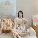 Women wearing Love Bear 3 piece cotton nightwear set with shirt, trousers and shorts