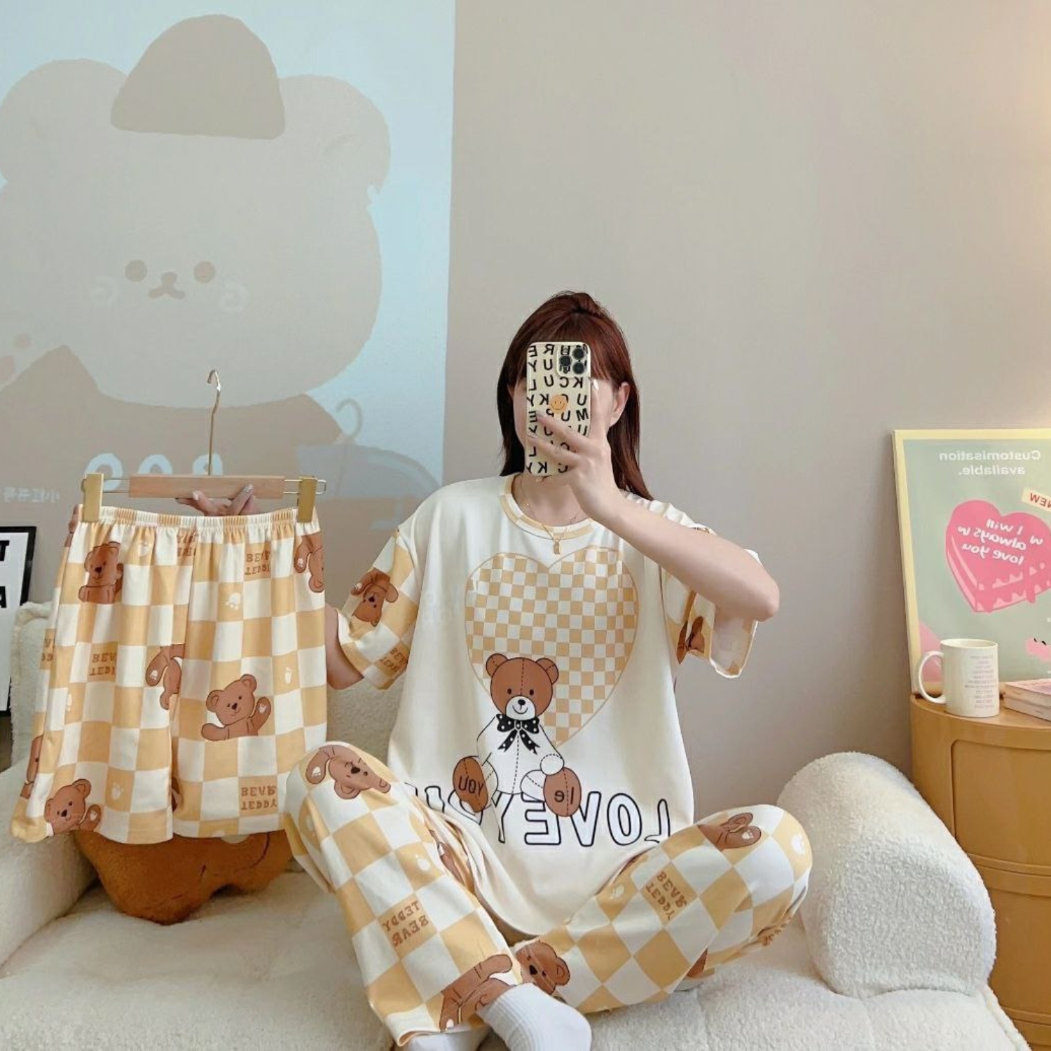 Women wearing Love Bear 3 piece cotton nightwear set with shirt, trousers and shorts