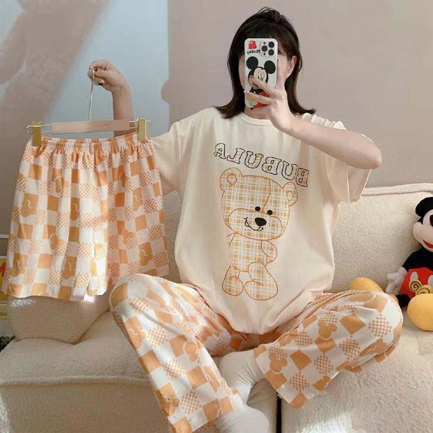 Women creamy teddy printed cotton 3 piece night suit with shirt trouser and shorts